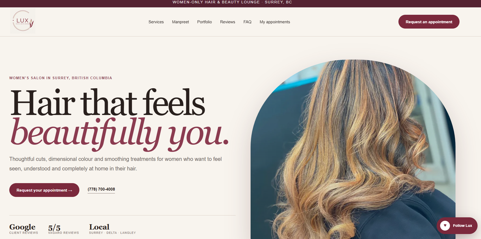 LUX Hair & Skin Lounge website screenshot