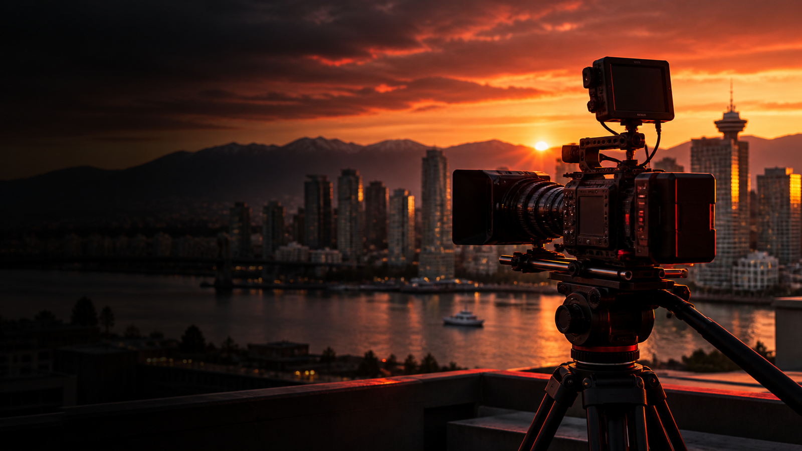 Professional cinema camera overlooking Vancouver at sunset