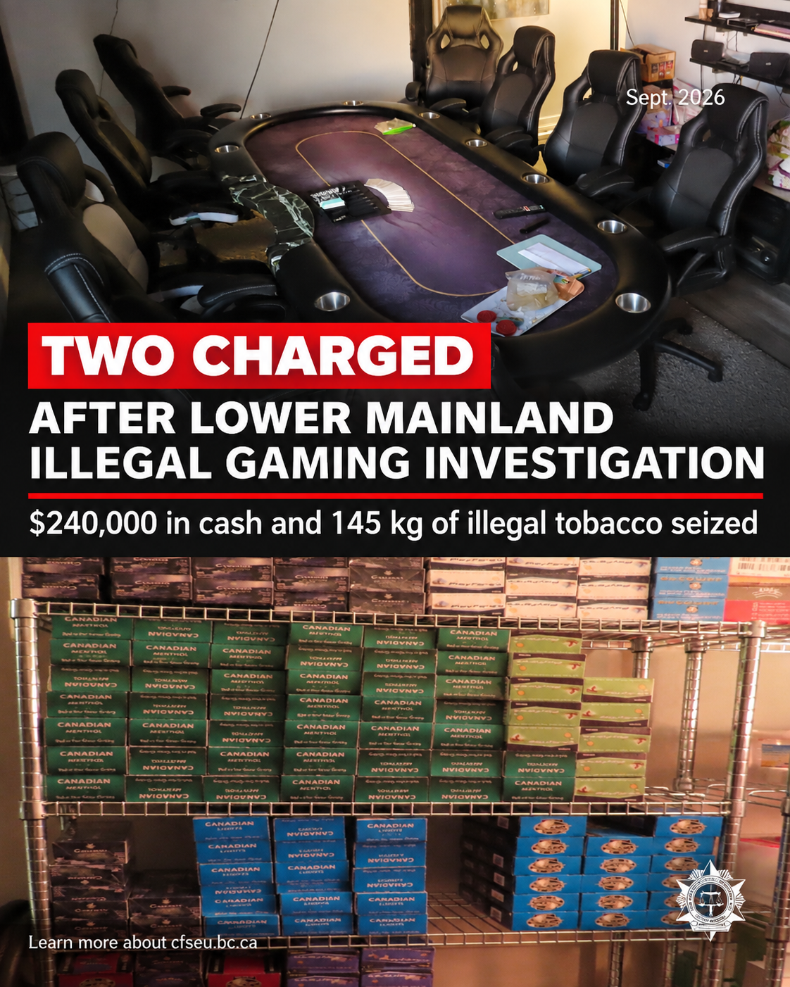 Two Charged After Lower Mainland Illegal Gaming Investigation, $240K and 145 kg of Illegal Tobacco Seized