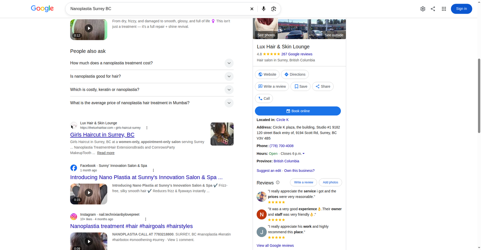 LUX Hair and Skin Lounge #1 Google ranking for Nanoplastia Surrey BC, October 2026