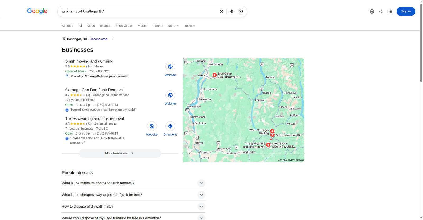 Singh Moving and Dumping #1 Google Maps ranking for junk removal Castlegar BC, October 2026