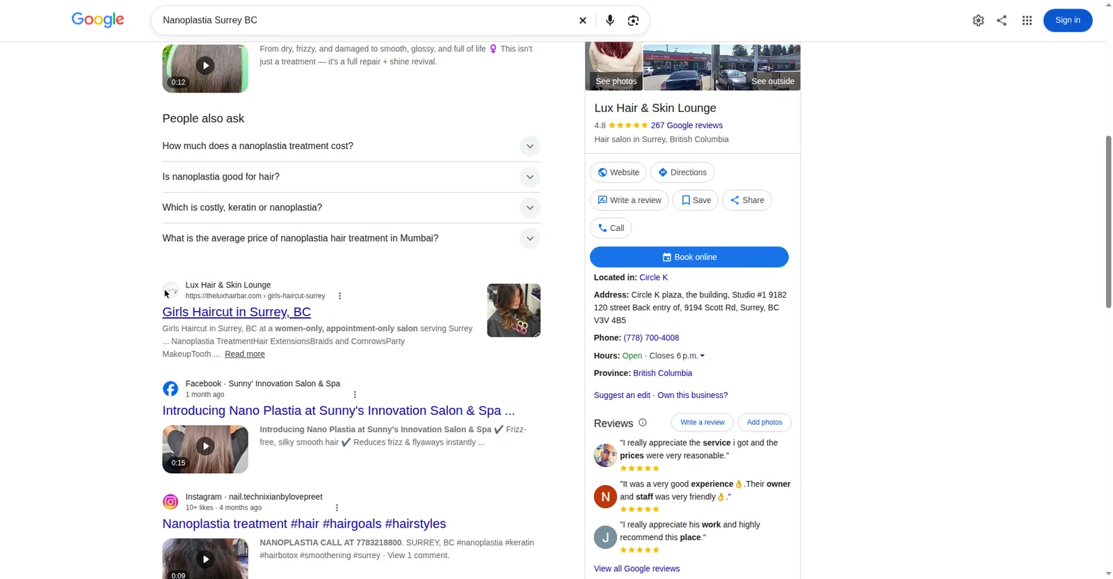 Google result showing LUX Hair and Skin Lounge first for Nanoplastia Surrey BC