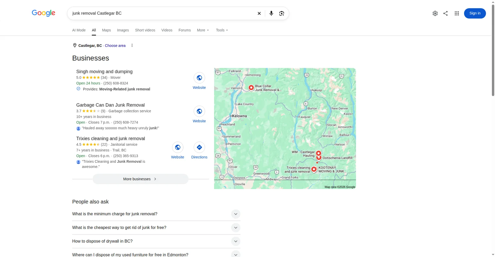 Google result showing Singh Moving and Dumping first for junk removal Castlegar BC